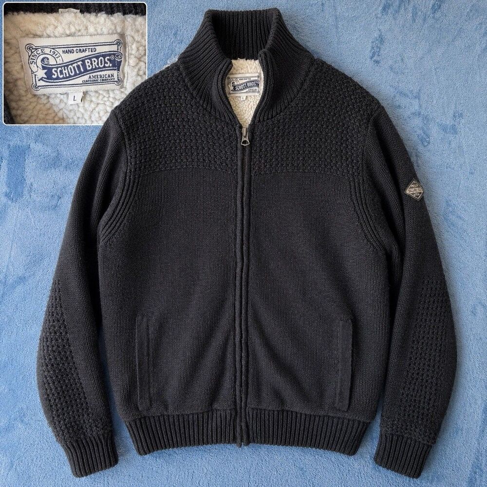 Schott Bros Men Sz L Wool Blend Sherpa Lined Full Zip Knit Sweater Jacket Gray